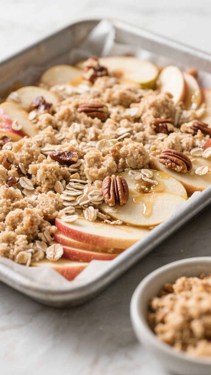 Cooking process: Assembled apple crisp before final bake step with the crumble just sprinkled on—l