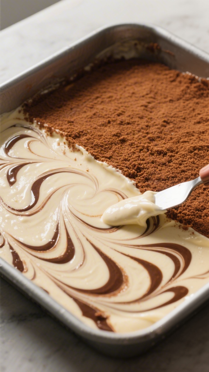 Cooking process: Batter layering and swirl stage captured in-pan—half the pale, velvety batter top