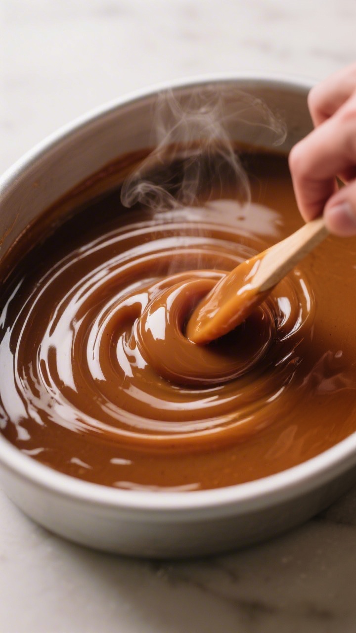 Cooking process close-up: Deep amber caramel just after reaching color, being swirled to fully coat 
