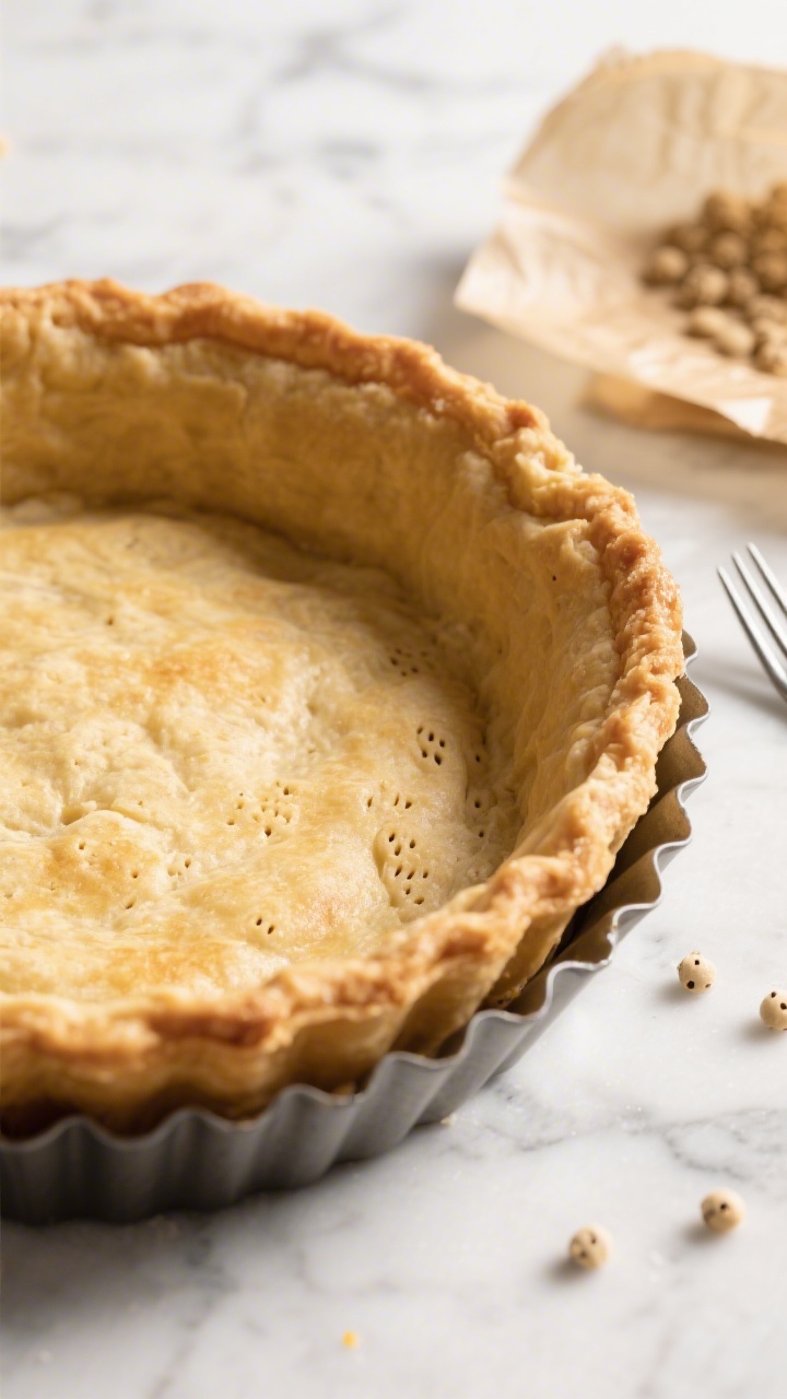 Cooking process, close-up detail: Close-up of a golden, fully blind-baked 9-inch tart shell in a rem