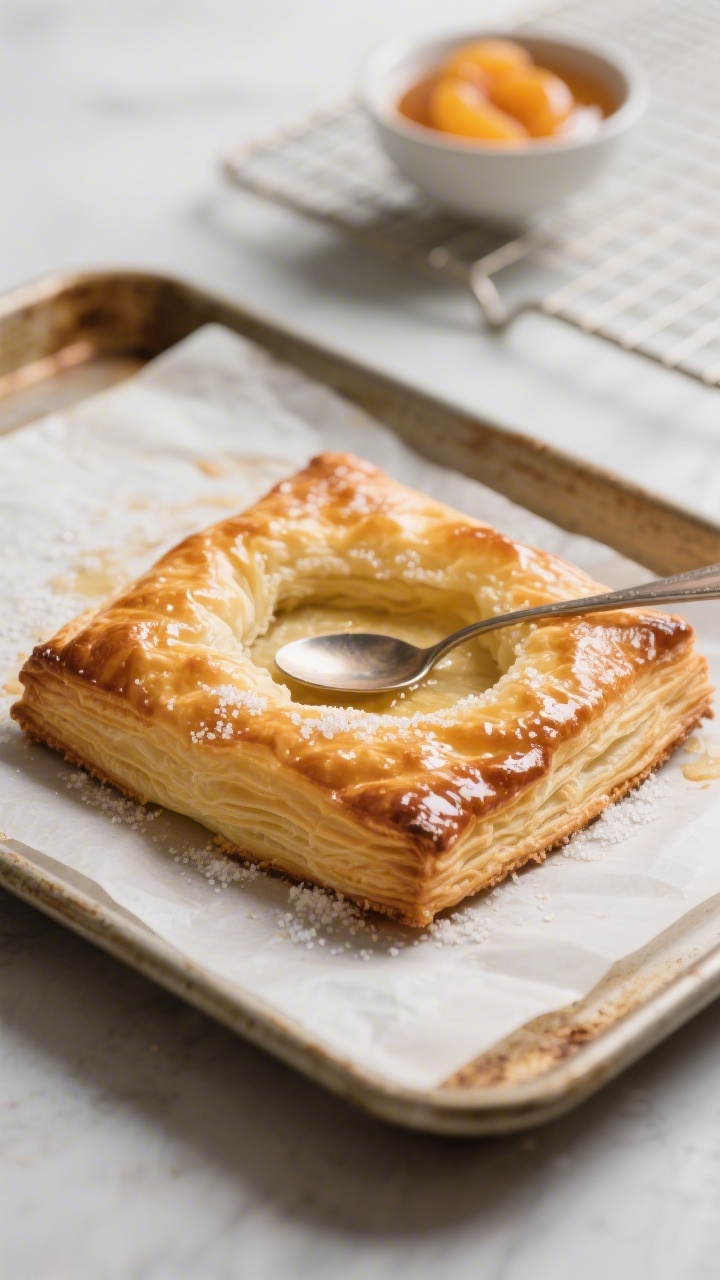 Cooking process, close-up detail: Golden puff pastry just out of the oven on a parchment-lined sheet