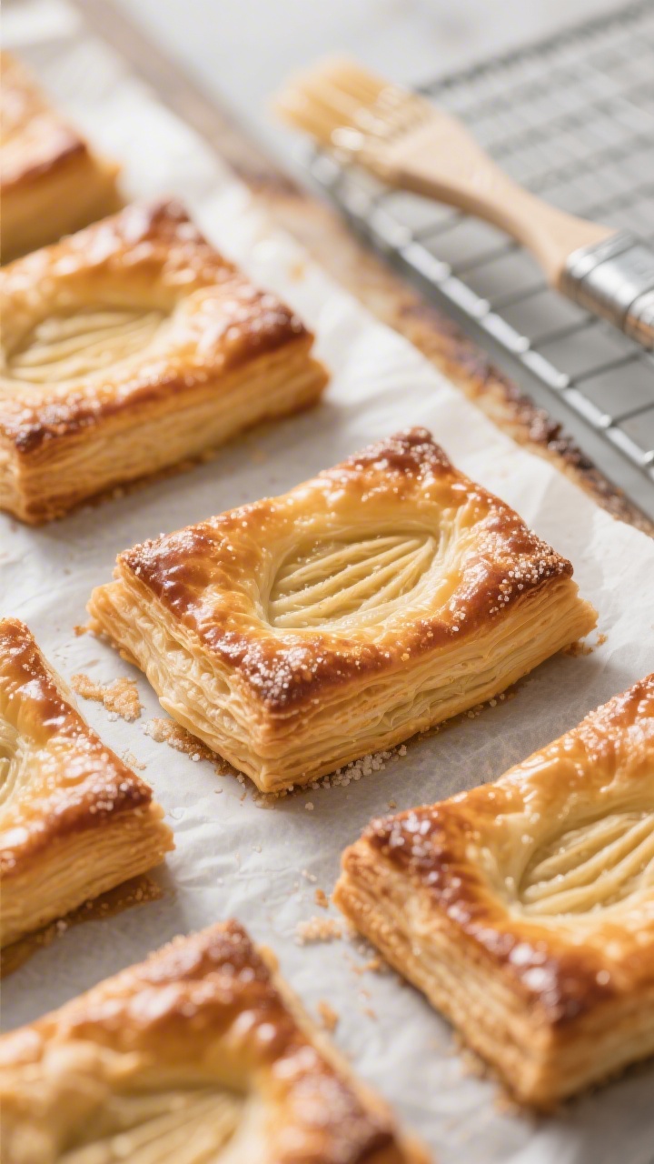 Cooking process close-up: Golden-baked puff pastry rectangles just out of the oven on a parchment-li