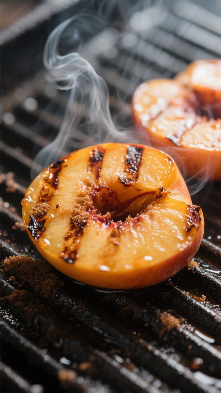 Cooking process close-up: Grilled peach halves cut side down on clean, oiled grill grates at medium 