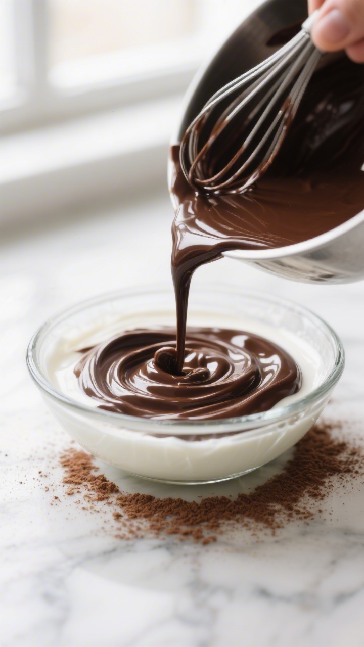 Cooking process close-up: Melted 70% dark chocolate being streamed in a thin ribbon into a glossy Gr