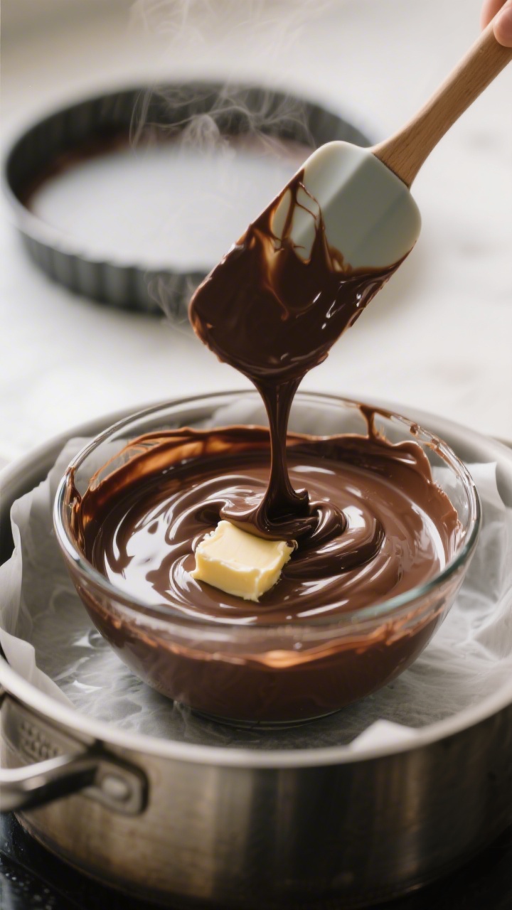 Cooking process close-up: Melted bittersweet chocolate and butter being stirred until glossy in a he
