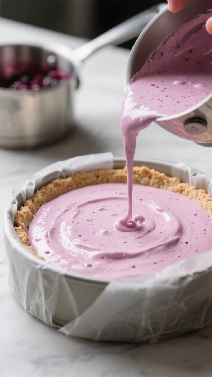 Cooking process close-up: Silky berry mousse being poured into a parchment-lined 9-inch springform p