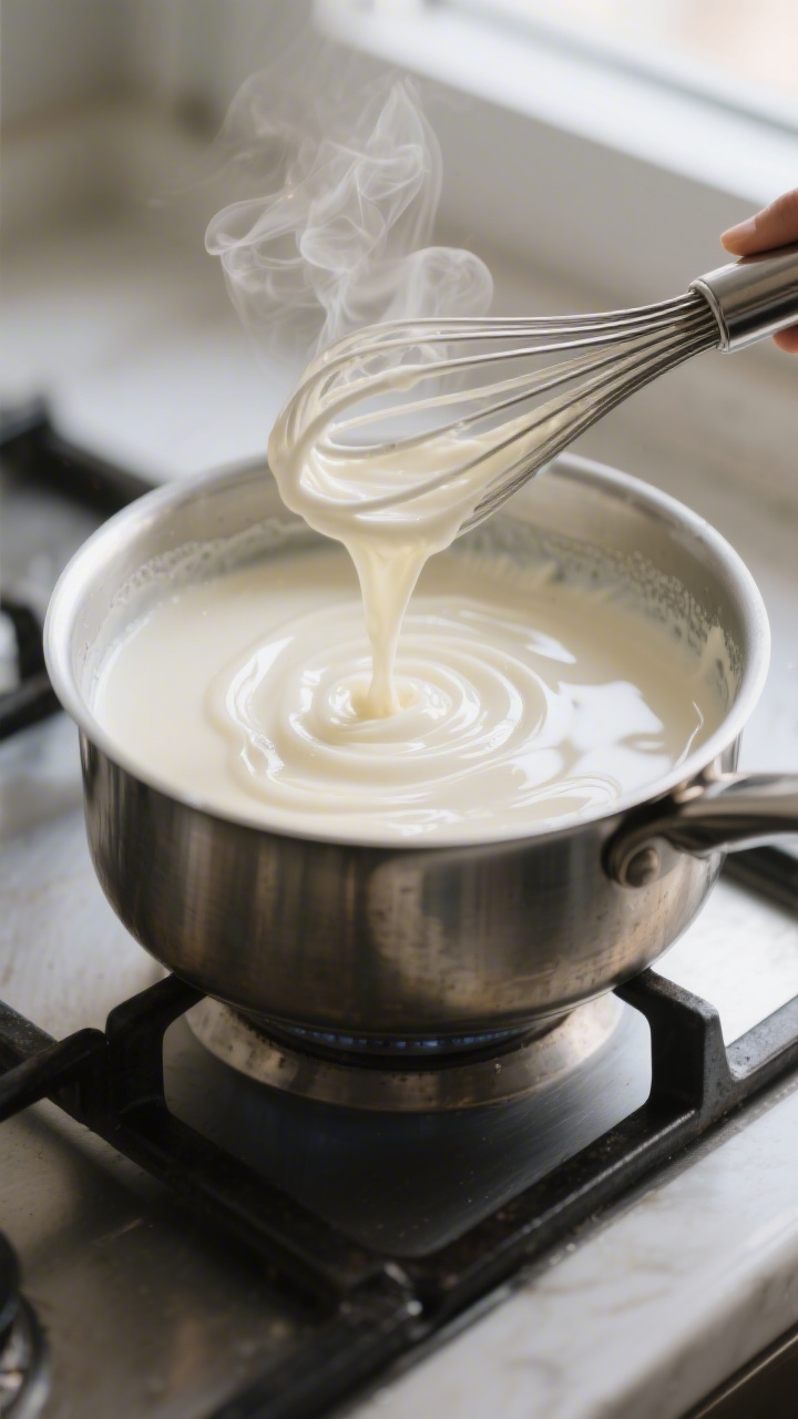 Cooking process close-up: Silky muhallebi thickening in a heavy-bottomed saucepan, the pudding at a 