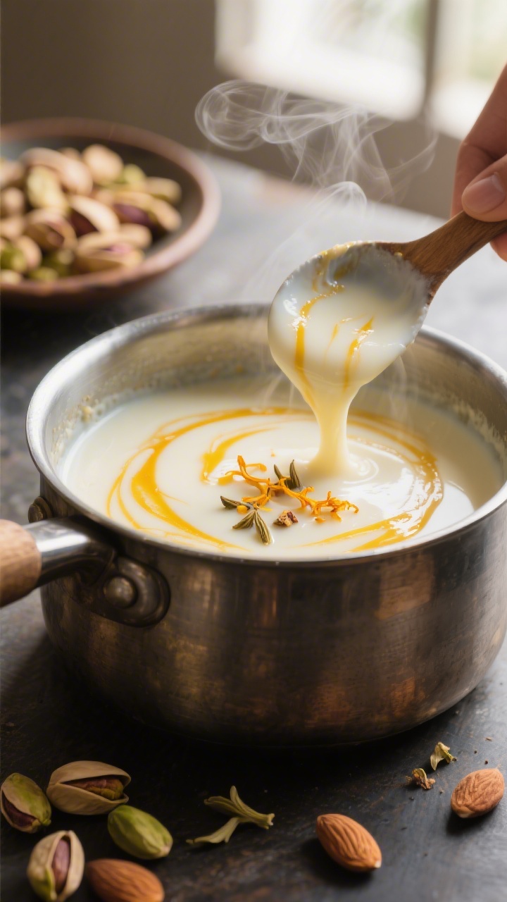 Cooking process close-up: Thickening kheer-style milk as it gently simmers in a heavy-bottomed pot, 