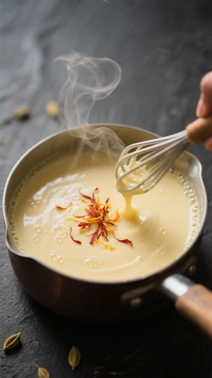 Cooking process close-up: Warm saffron-cardamom cream in a small saucepan just below a simmer, steam