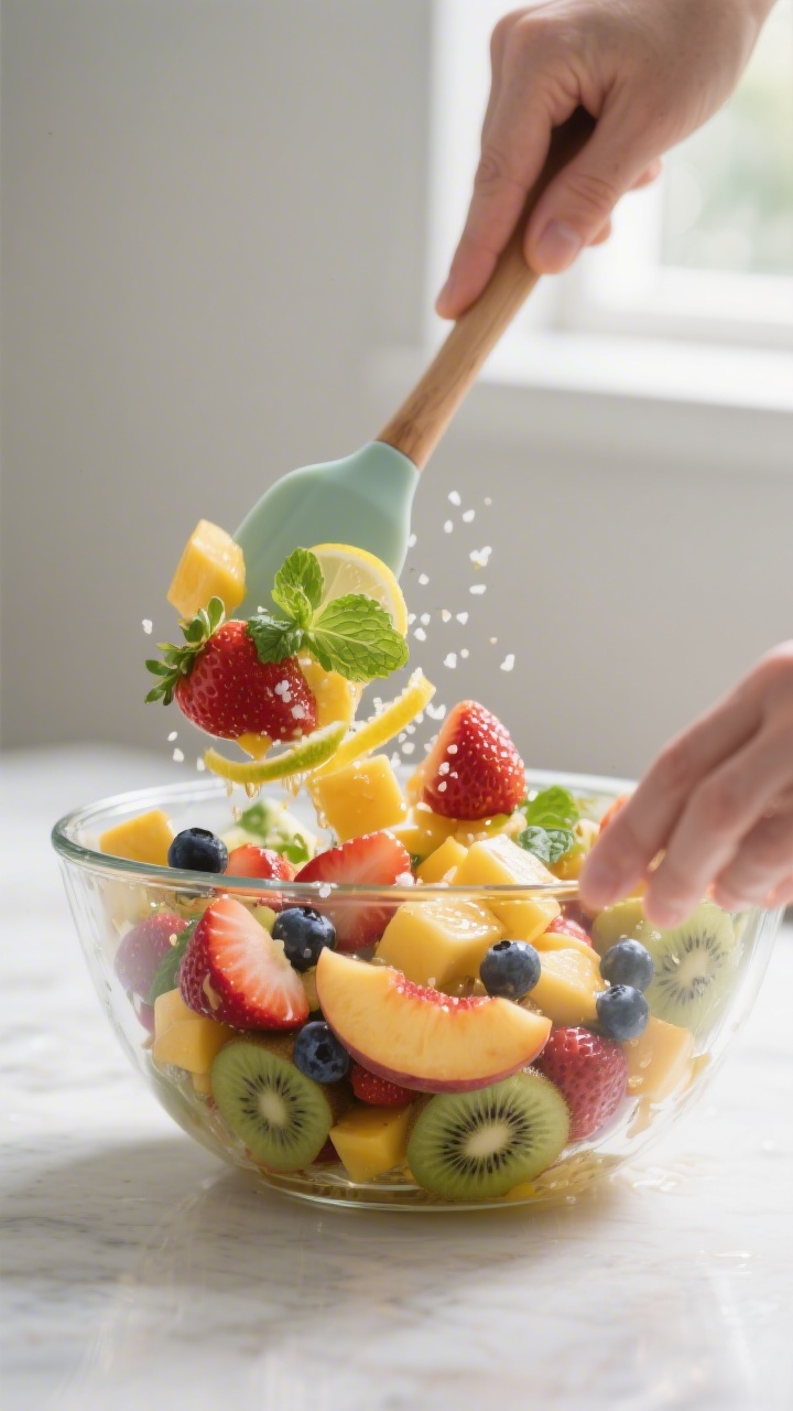 Cooking process: Gently tossing a prepared mixed fruit salad in a large glass bowl with a silicone s
