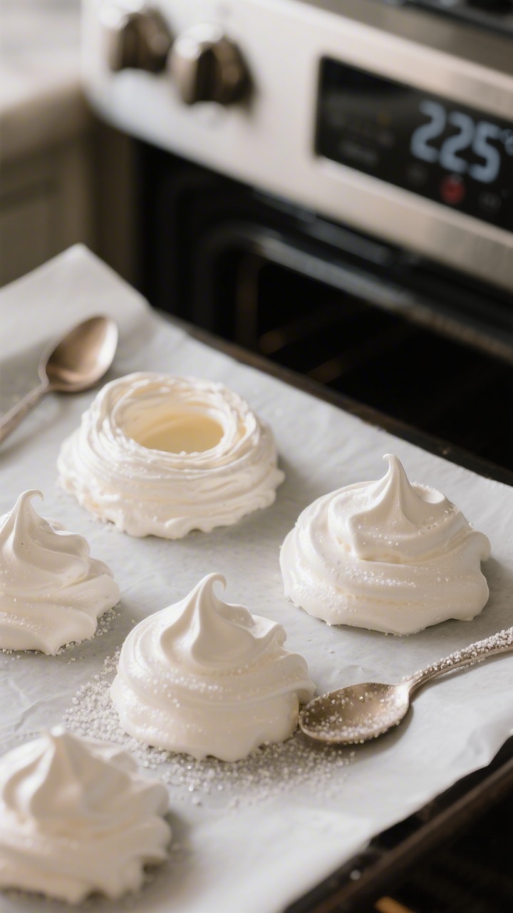 Cooking process glam shot: Shaped meringue mounds on parchment, clearly showing spoon-made wells for