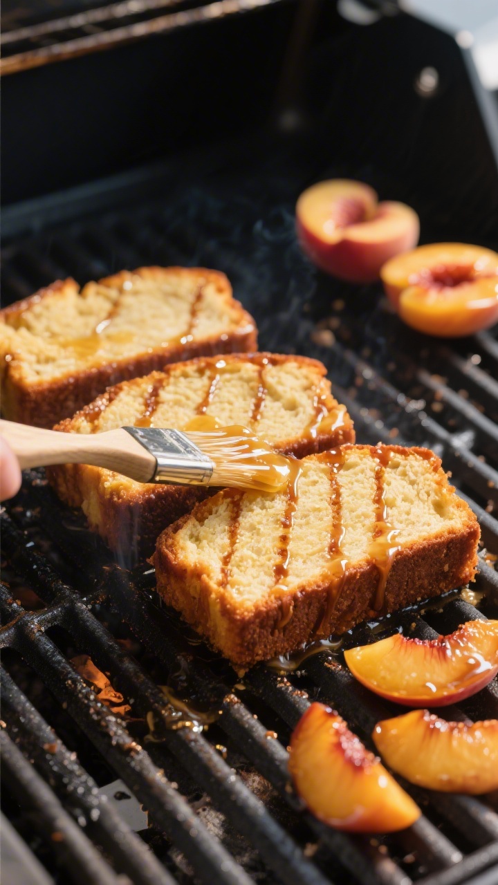 Cooking process: Glazed pound cake slices on the grill, 1-inch thick, edges turning crisp and golden