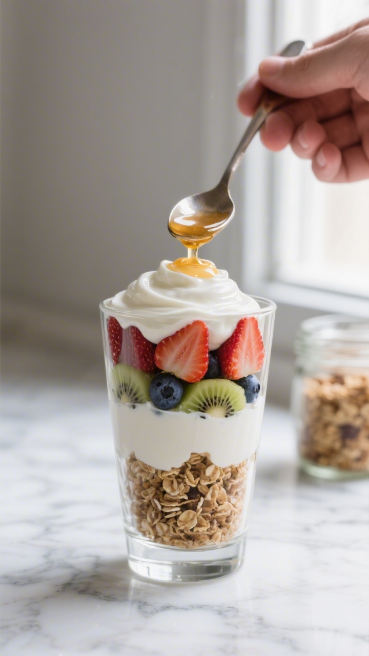 Cooking process, mid-assembly parfait: A clear tall glass being layered with components—base layer