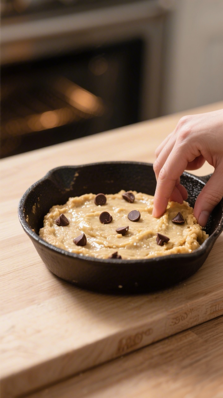 Cooking process — Mini chocolate chip skillet cookie dough being pressed and smoothed into a light