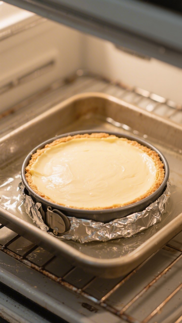 Cooking process: Overhead shot of a 9-inch springform pan sitting in a larger roasting pan for the w
