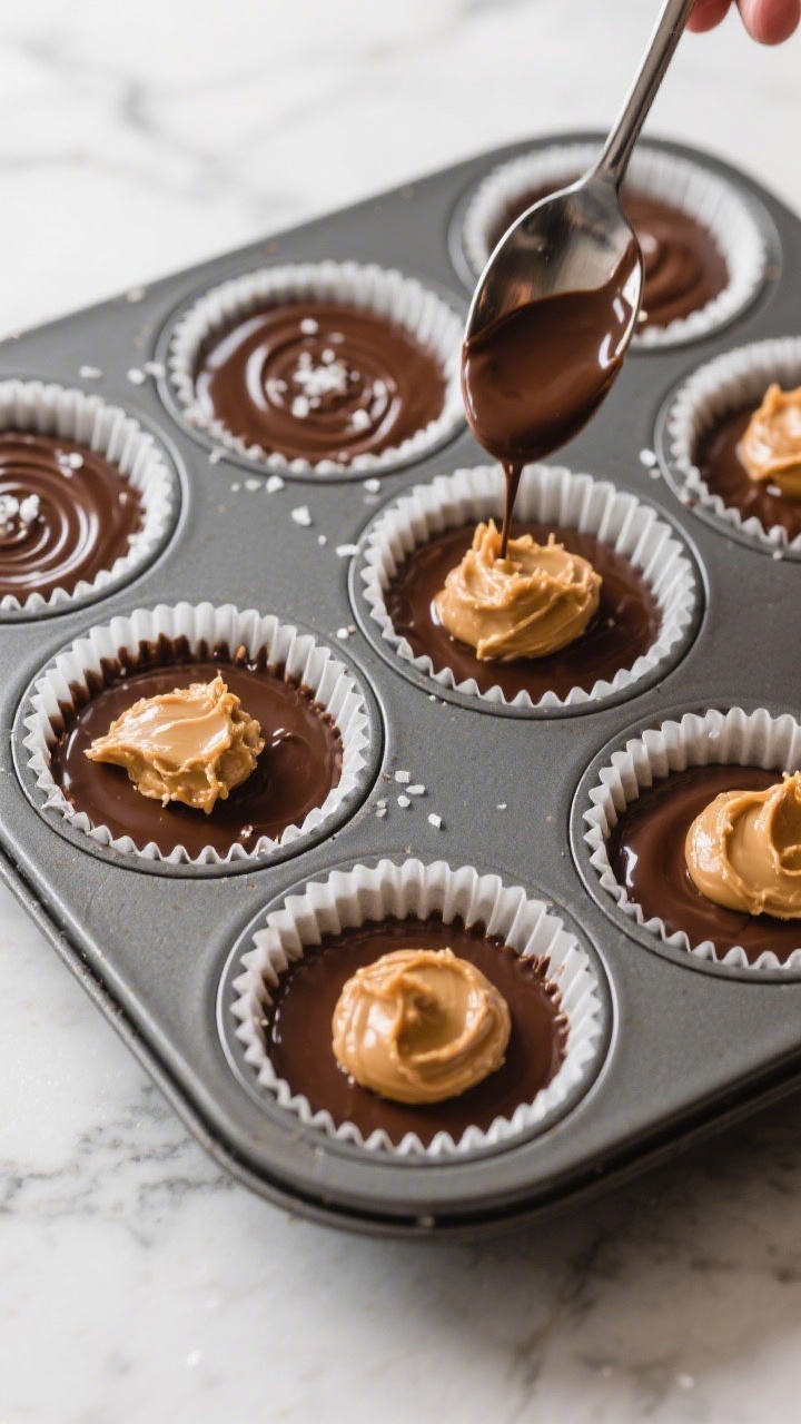 Cooking process: Overhead shot of a mini muffin tin lined with paper liners showing the assembly sta