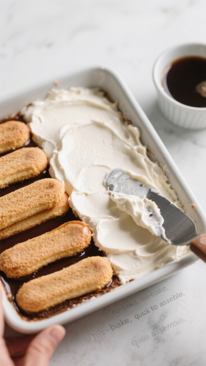 Cooking process: Overhead shot of assembly in a small 8x8 dish—first snug layer of ladyfingers jus
