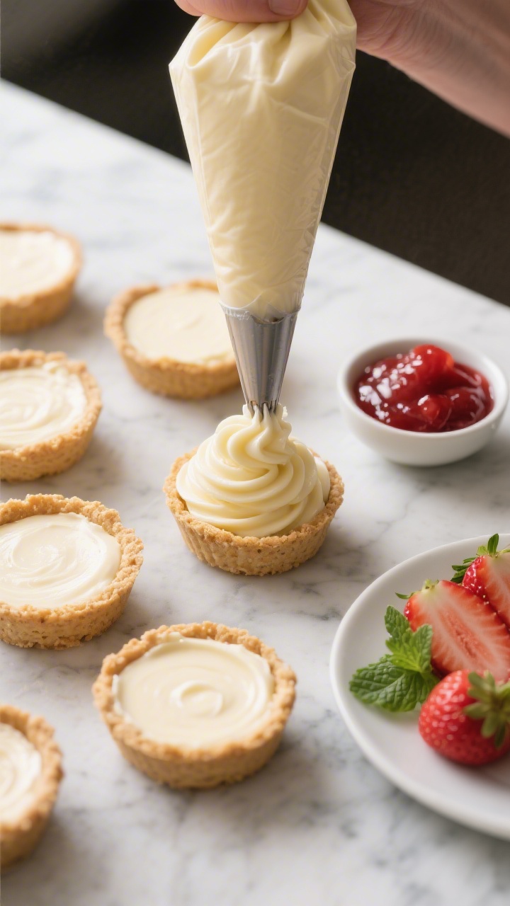 Cooking process: Overhead shot of cheesecake filling being piped into multiple prepped graham-crust 