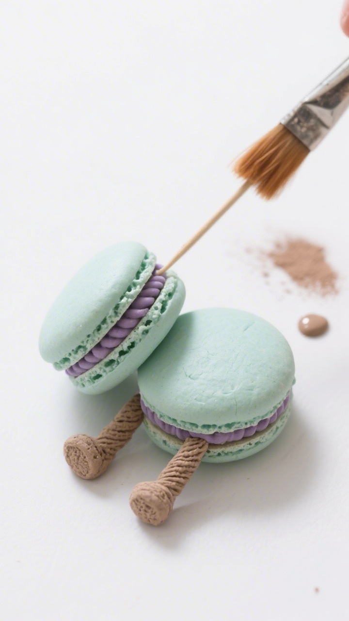 Cooking process: Overhead shot of mid-project clay macarons being assembled—two softly domed paste