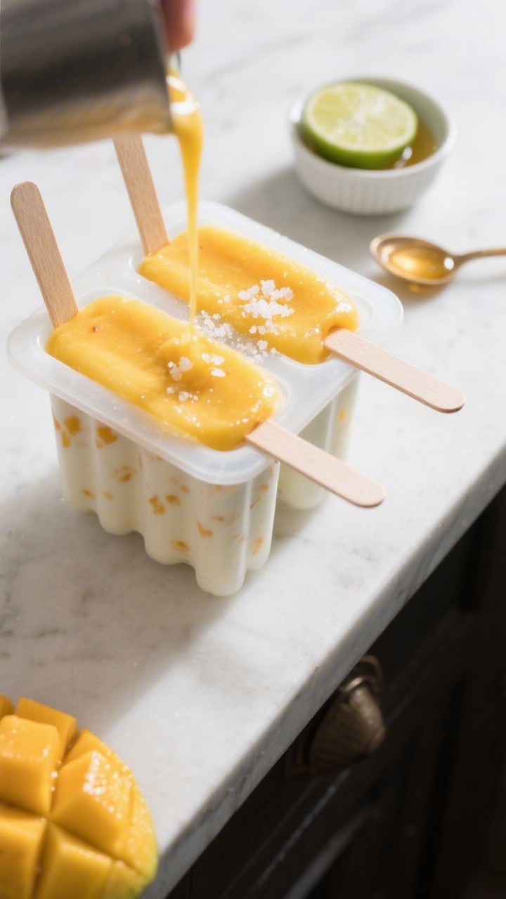Cooking process: Overhead shot of popsicle molds being filled with the blended mango-yogurt mixture,