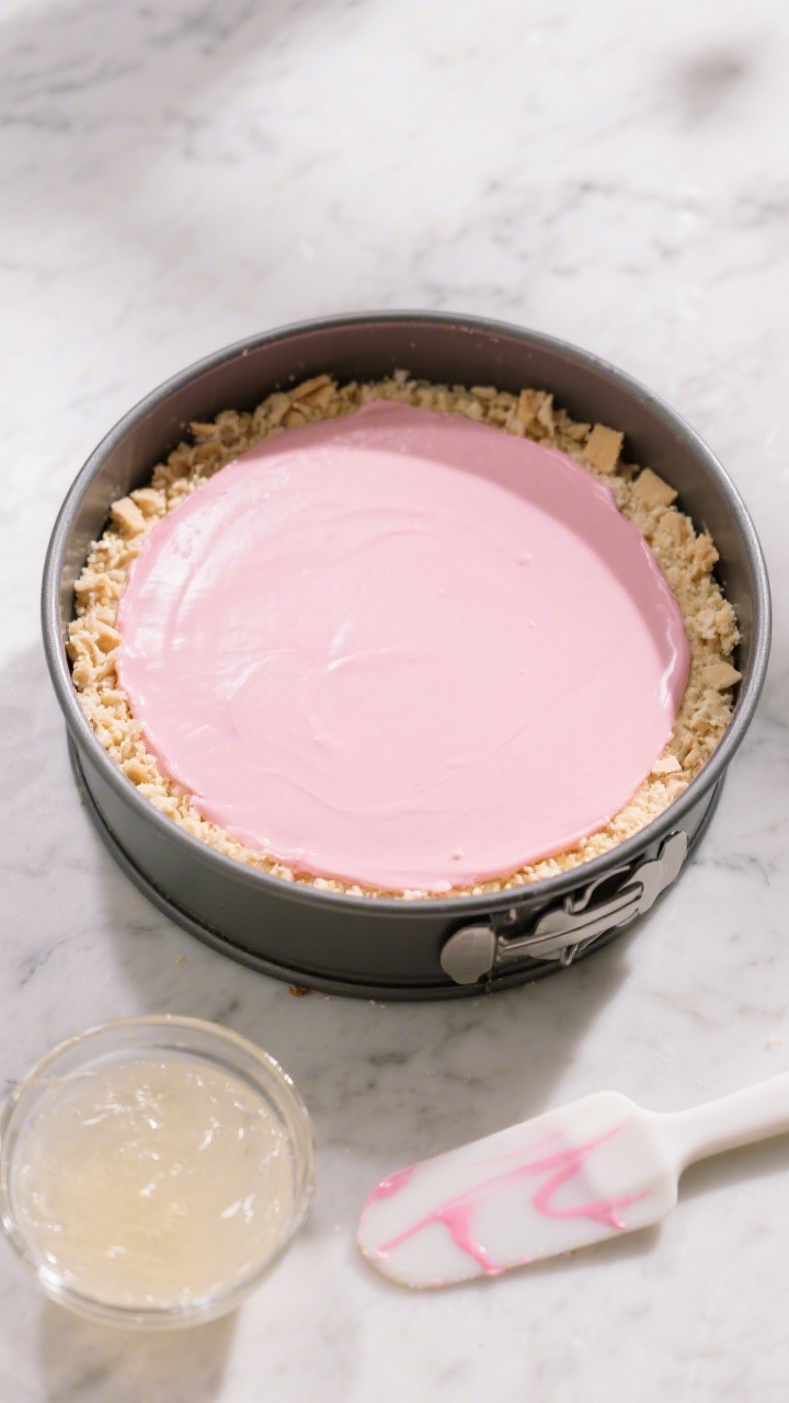 Cooking process: Overhead shot of the assembled dessert setting in a 9-inch springform pan with a th