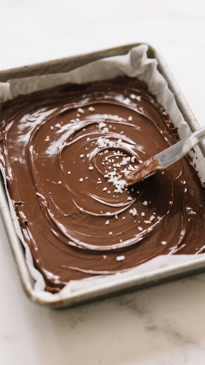 Cooking process: Overhead shot of the assembled slab in an 8x8-inch parchment-lined pan right after 