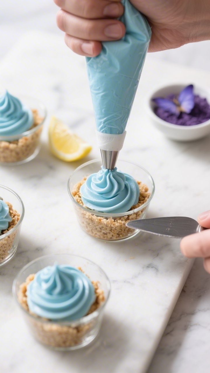 Cooking process: Overhead shot of the assembly stage—small glass cups lined with pressed crumb cru