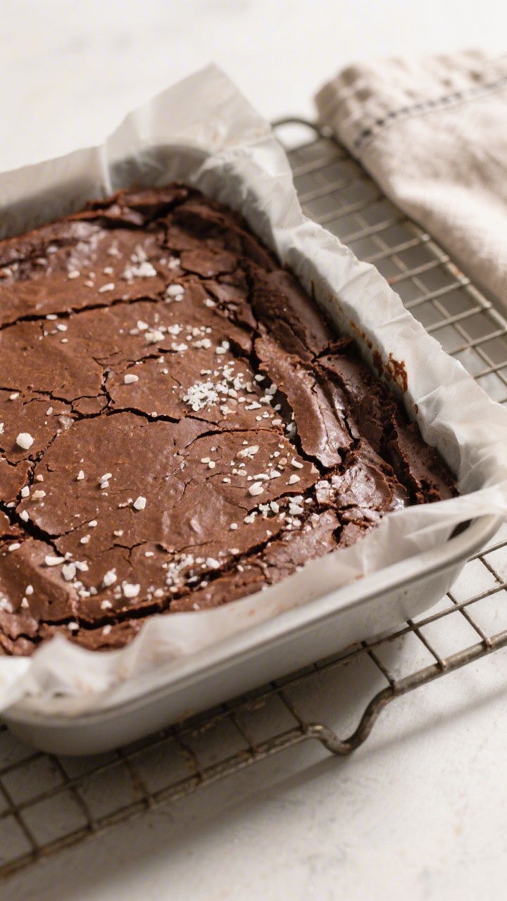 Cooking process: Overhead shot of the baked brownie slab cooling in an 8-inch parchment-lined pan on