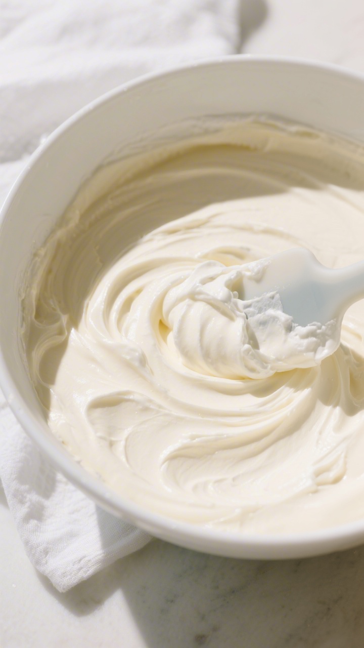 Cooking process: Overhead shot of the folding step—whipped cream being gently folded into the thic