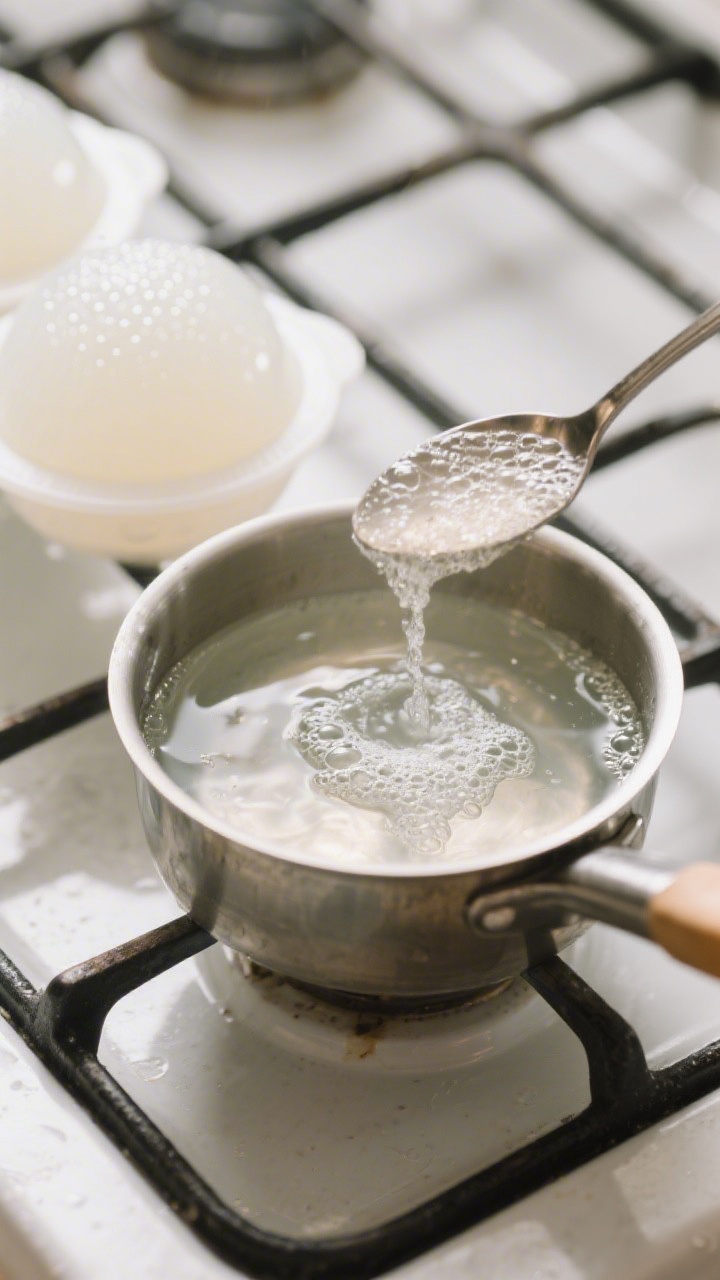 Cooking process: Overhead shot of the hot agar-sugar-water mixture being skimmed in a small saucepan