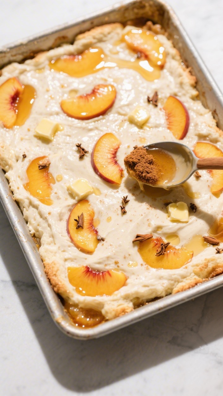 Cooking process: Overhead shot of the prepared cobbler just after layering—pourable batter spread 