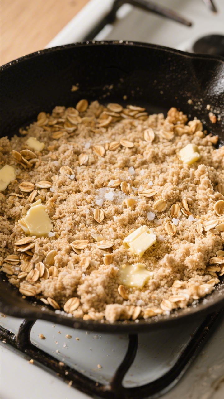 Cooking process: Overhead shot of the same skillet right after the crumble is added—an even layer