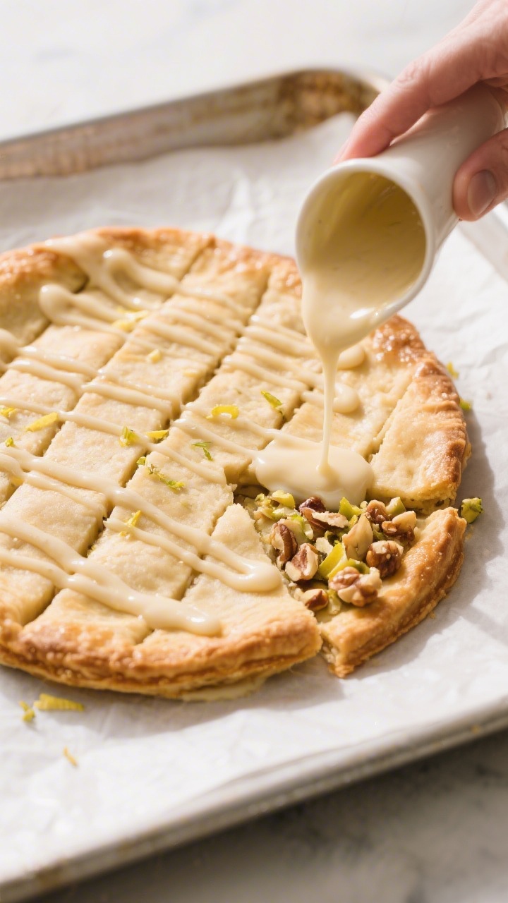 Cooking process: Overhead shot of the scored pie crust on a parchment-lined sheet pan being lightly 