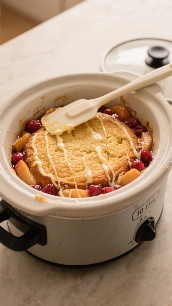 Cooking process: Overhead shot of the slow cooker right at doneness—set, lightly golden surface wi