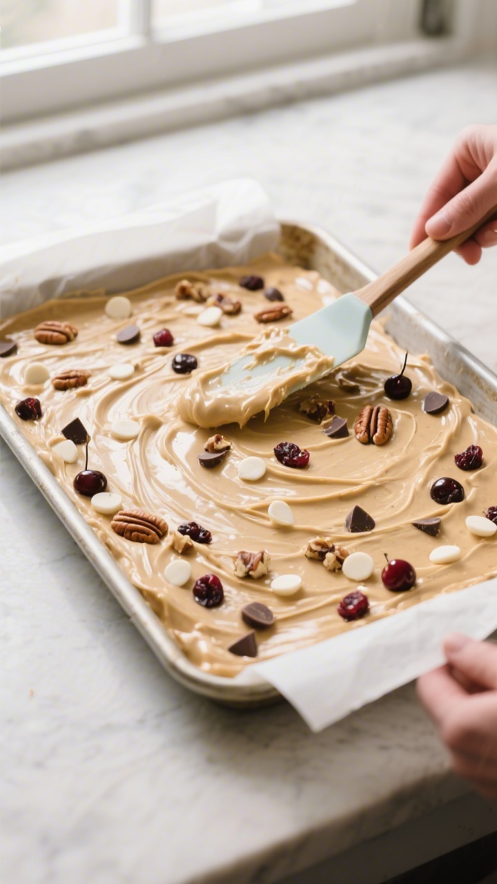 Cooking process: Sheet-pan blondie batter being spread to the corners of a rimmed 13x18-inch half-sh