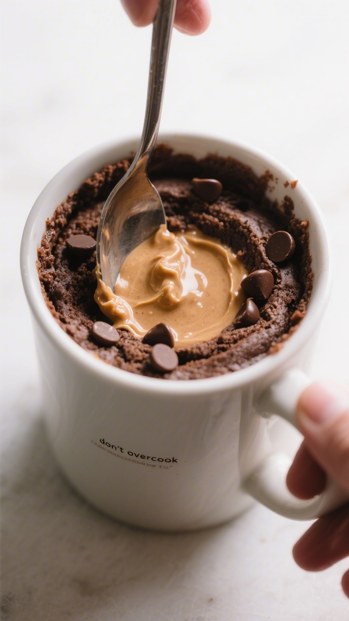 Cooking process shot of the mug cake batter just after microwaving and resting: a spoon breaking int