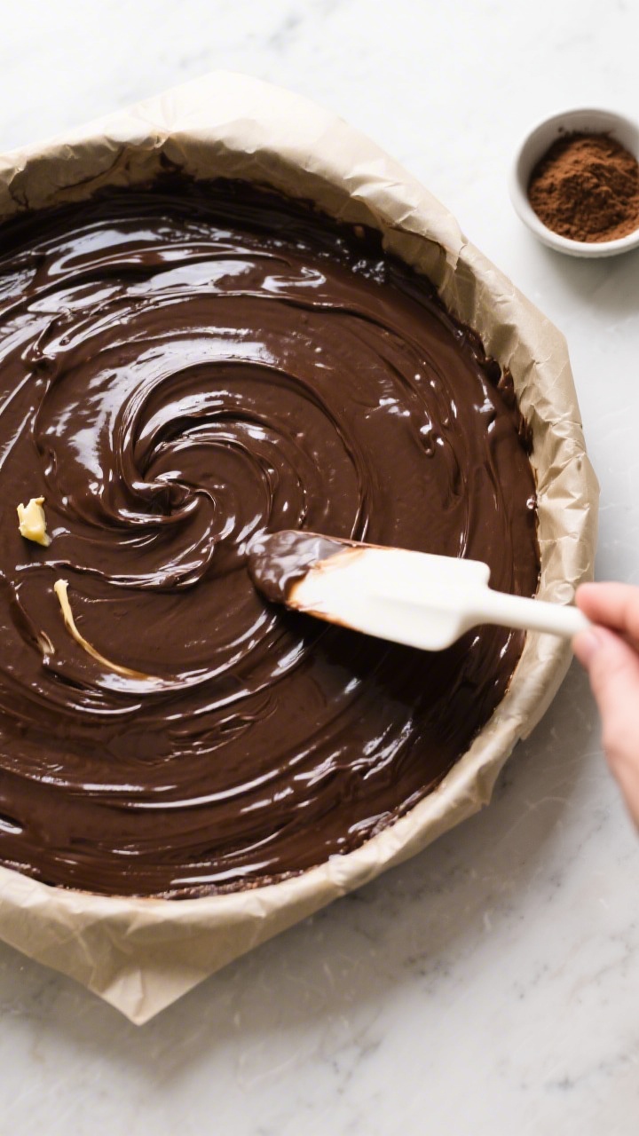 Cooking process shot: Overhead view of the thick, glossy batter being smoothed into a parchment-line