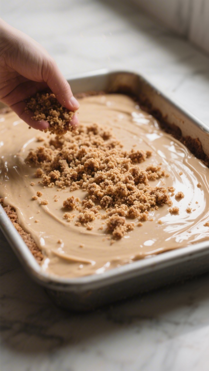 Cooking process: The batter spread smoothly in the prepared pan while a hand-free scene shows freshl