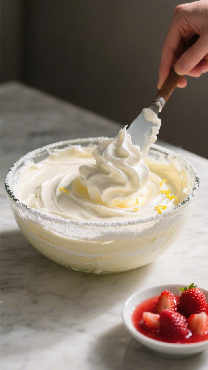 Cooking process: The creamy base being folded together—spatula gently lifting whipped cream into t
