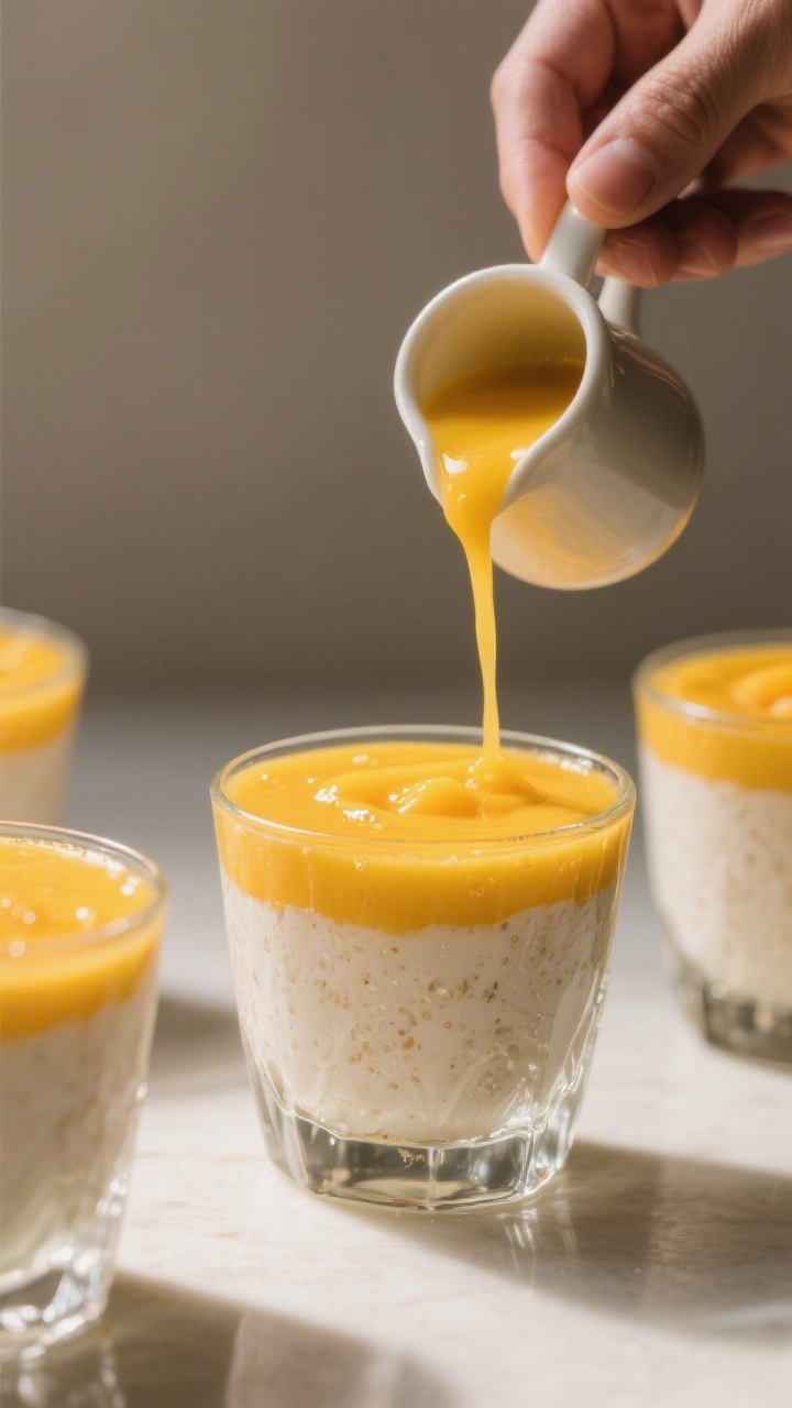 Cooking process: The mango layer being gently poured over the set coconut base in angled glasses, a 