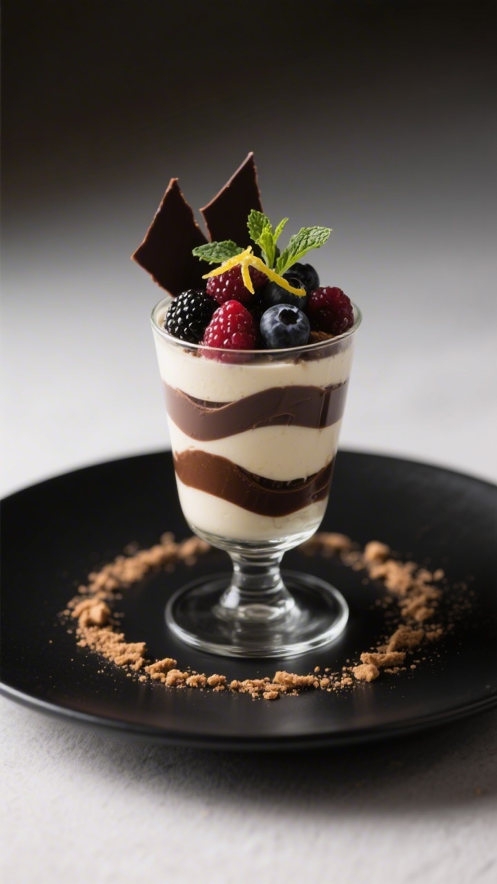 Final dish, : Beautifully plated single parfait served in a tall coupe glass with elegant, even laye