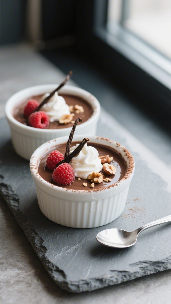 Final dish: Beautifully plated zero-sugar creamy chocolate pudding set in small white ceramic rameki