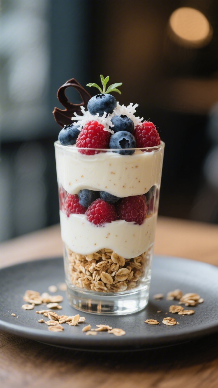 Final dish, elegant cafe presentation: Close-up hero shot of a single tall parfait with immaculate, 