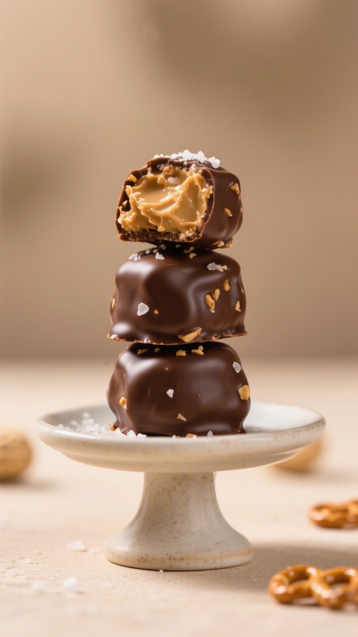 Final dish glamour: Hero shot of perfectly set chocolate-coated peanut butter bites stacked on a sma