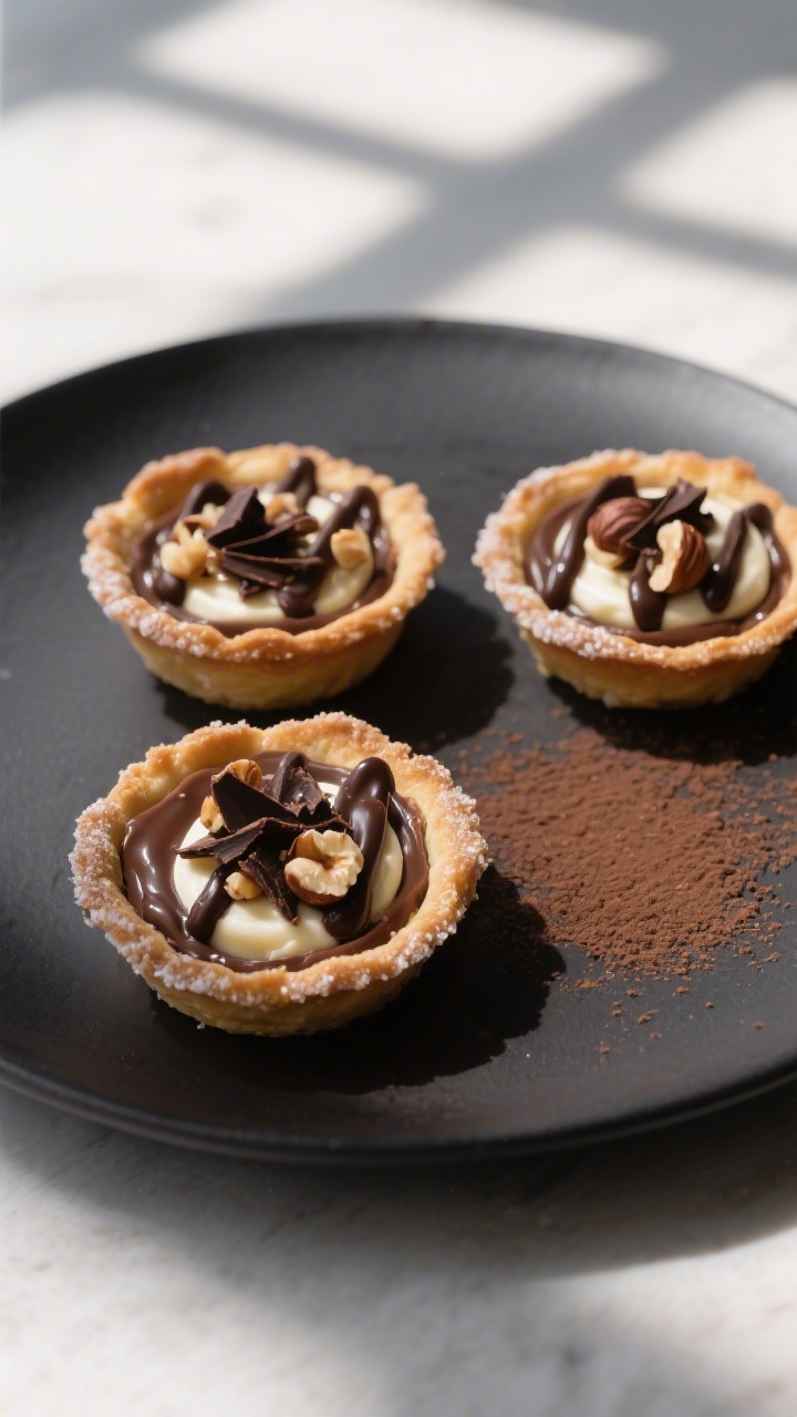 Final dish, indulgent variation: Three mini chocolate-hazelnut puff pastry tartlets on a matte charc