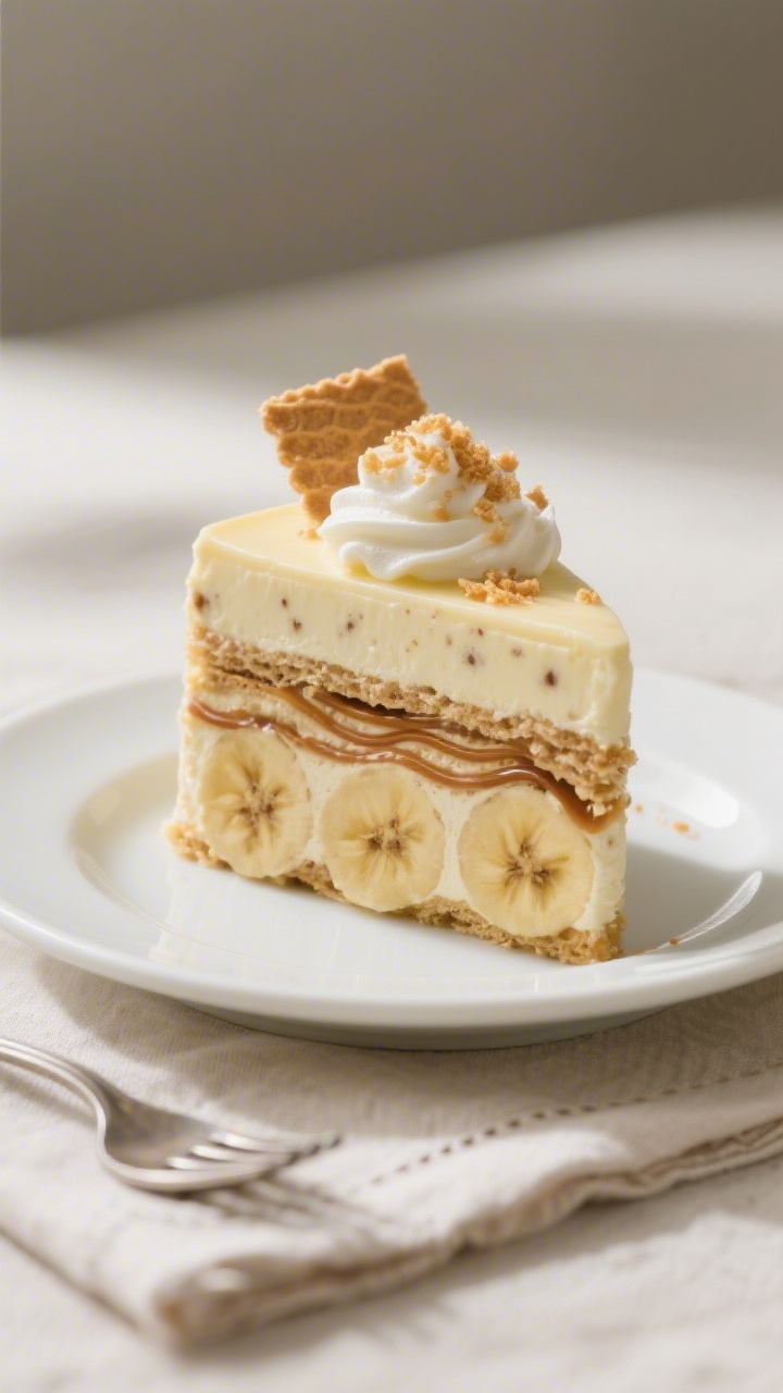 Final dish presentation: A clean slice of the make-ahead banana pudding plated on a matte white dess