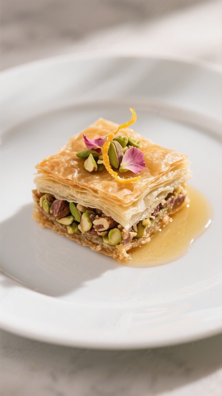 Final dish presentation: A single plated diamond of the dessert on a matte white plate, thick visibl