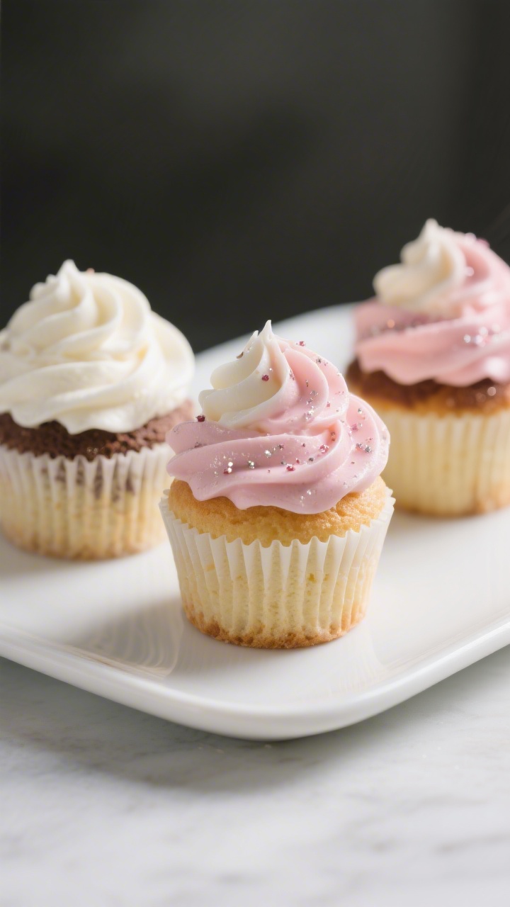 Final dish presentation: A trio of finished faux cupcakes on a matte white platter—vanilla “cake