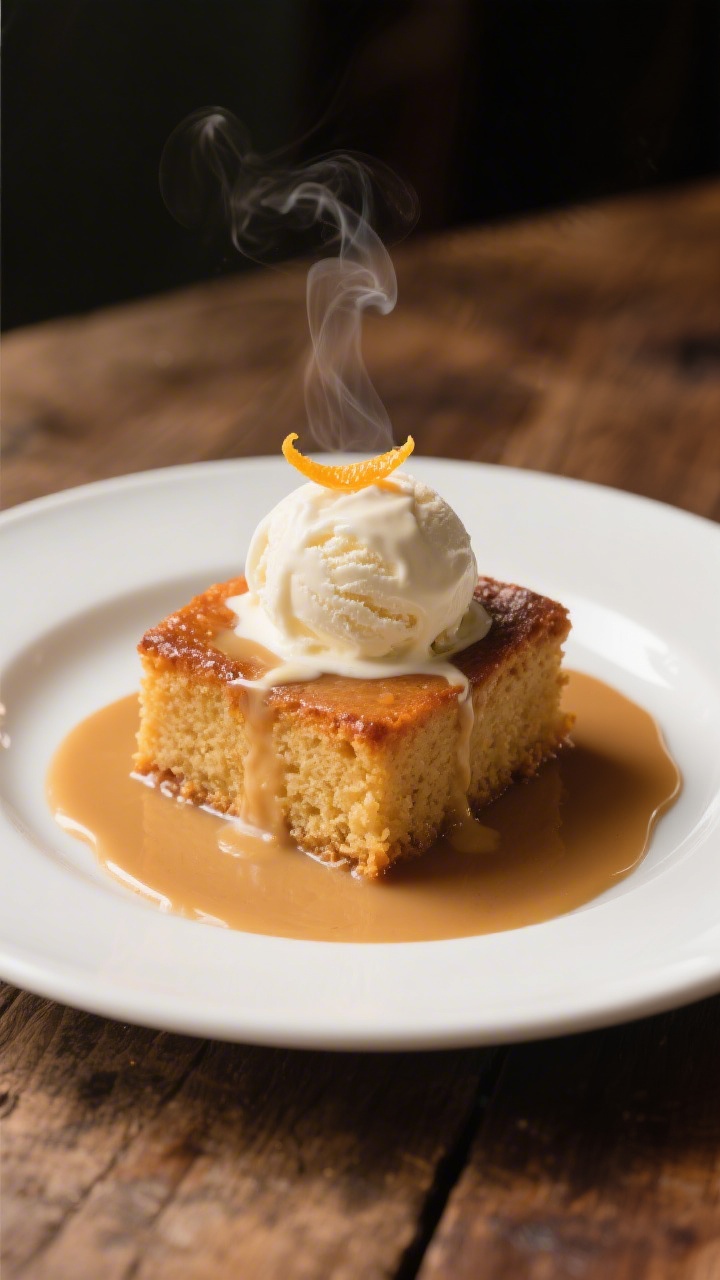 Final dish presentation: A warm square of malva pudding plated on a matte white dessert plate, satur