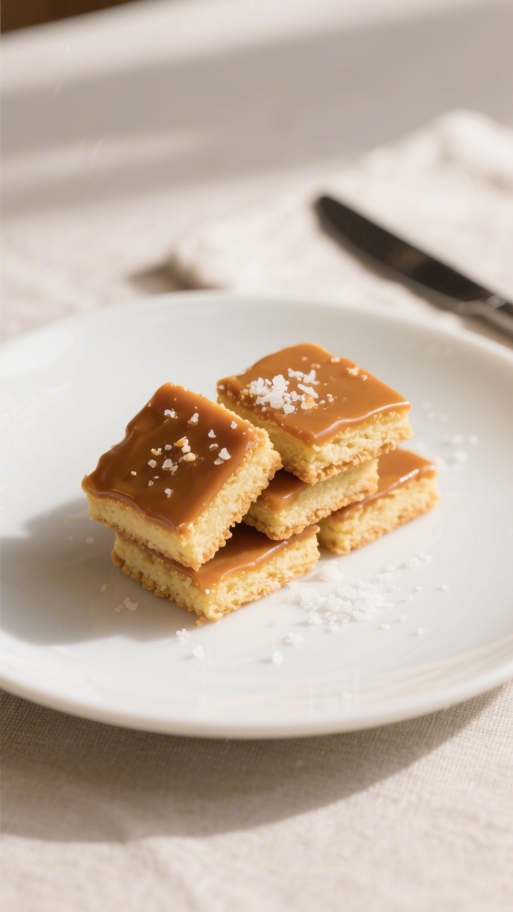Final dish presentation: Beautifully plated caramel shortbread squares on a matte white dessert plat